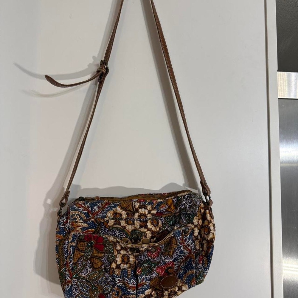 Y2K vintage brown and multi-colored floral and leaf print crossbody bag